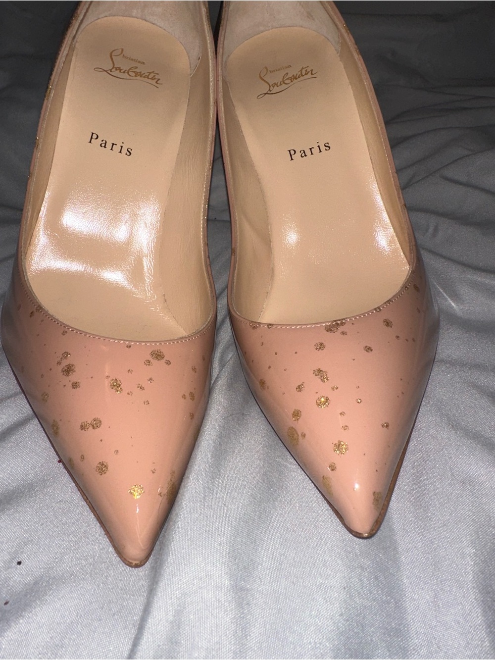 Christian Louboutin Nude Patent Leather Stiletto Pumps with Gold Speckle - Picture 3 of 7